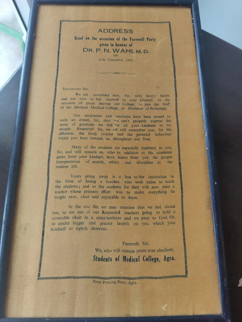Framed address presented to Dr. P. N. Wahi by the students of Medical College, Agra